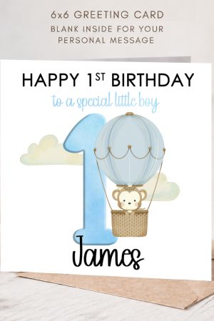 Happy 1st Birthday Greeting Card – Blue Hot Air Balloon Design